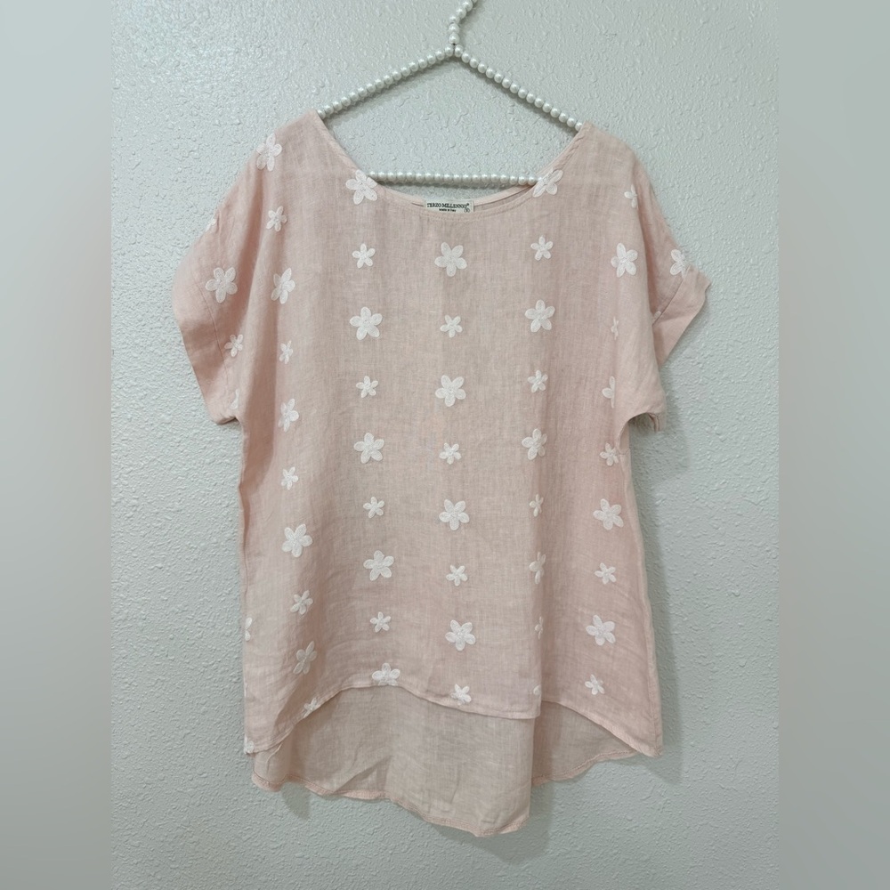 Terzo Millennio Linen Floral Embroidered Boho Blush Pink Blouse Small